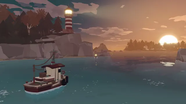 Рыбацкая лодка идёт к маяку на закате в DREDGE