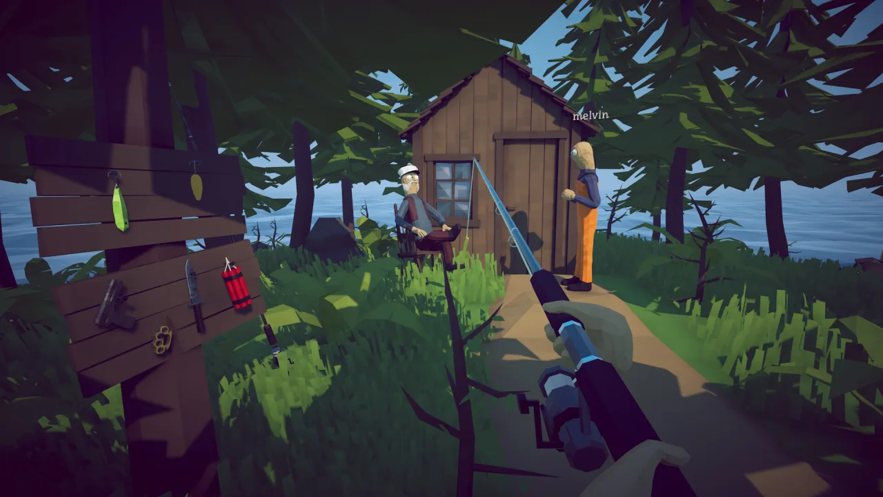 An angler with a spinning rod by a woodland cabin in How to Fish