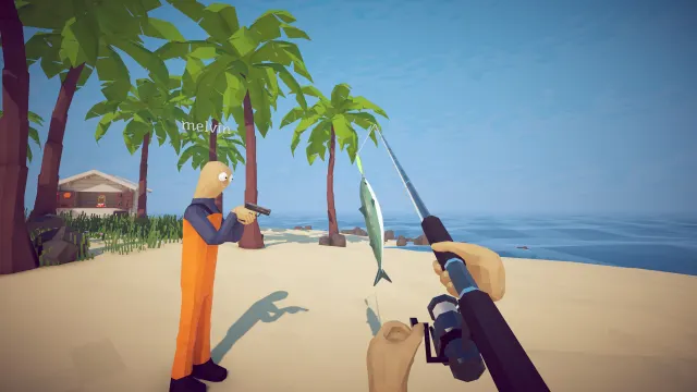 Два игрока рассматривают пойманную рыбу на пляже в How to Fish
