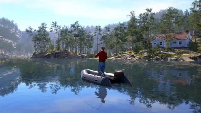 Рыбак на лодке среди северной природы в Russian Fishing 4